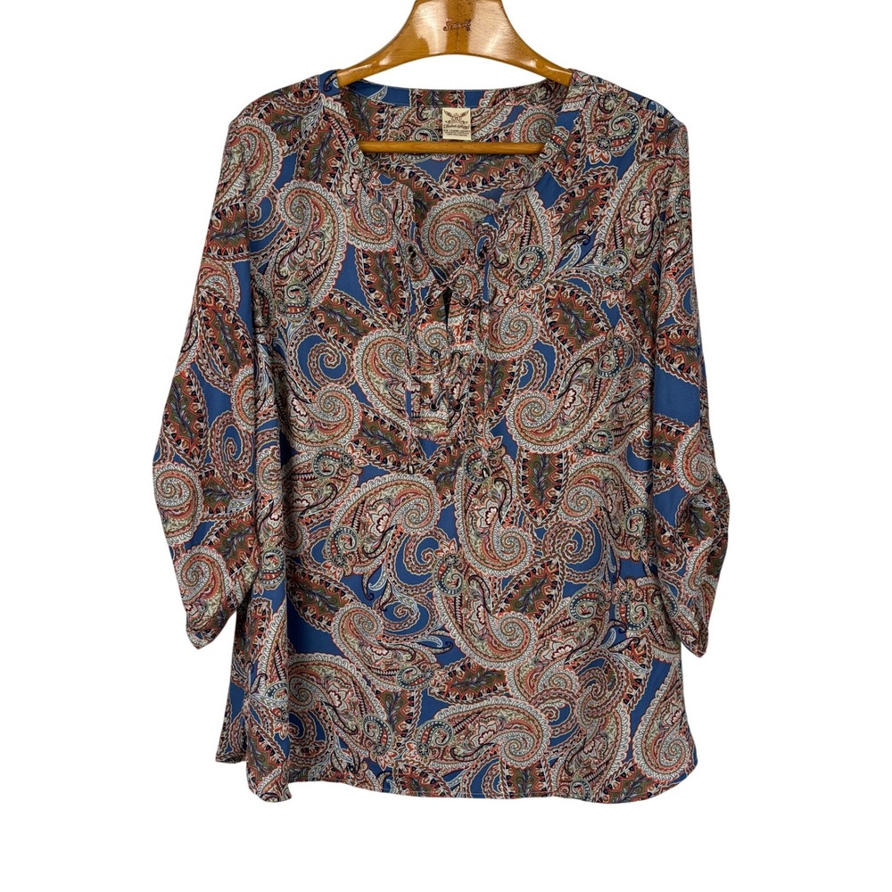 Faded Glory Womens 2X Paisley Blouse Blue Lace Up Roll Tab Sleeve Boho Top